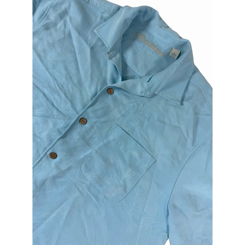 Caribbean Joe Hawaiian Camp Shirt Mens Large Light Blue Tropical Leaf Button Up